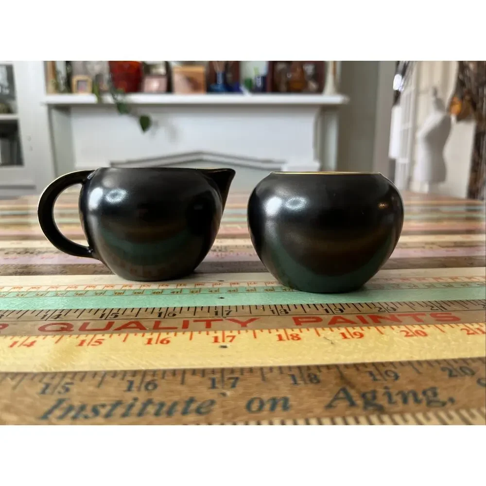 Vintage Villeroy Boch MCM Cream and Sugar Set Black with Gold Trim